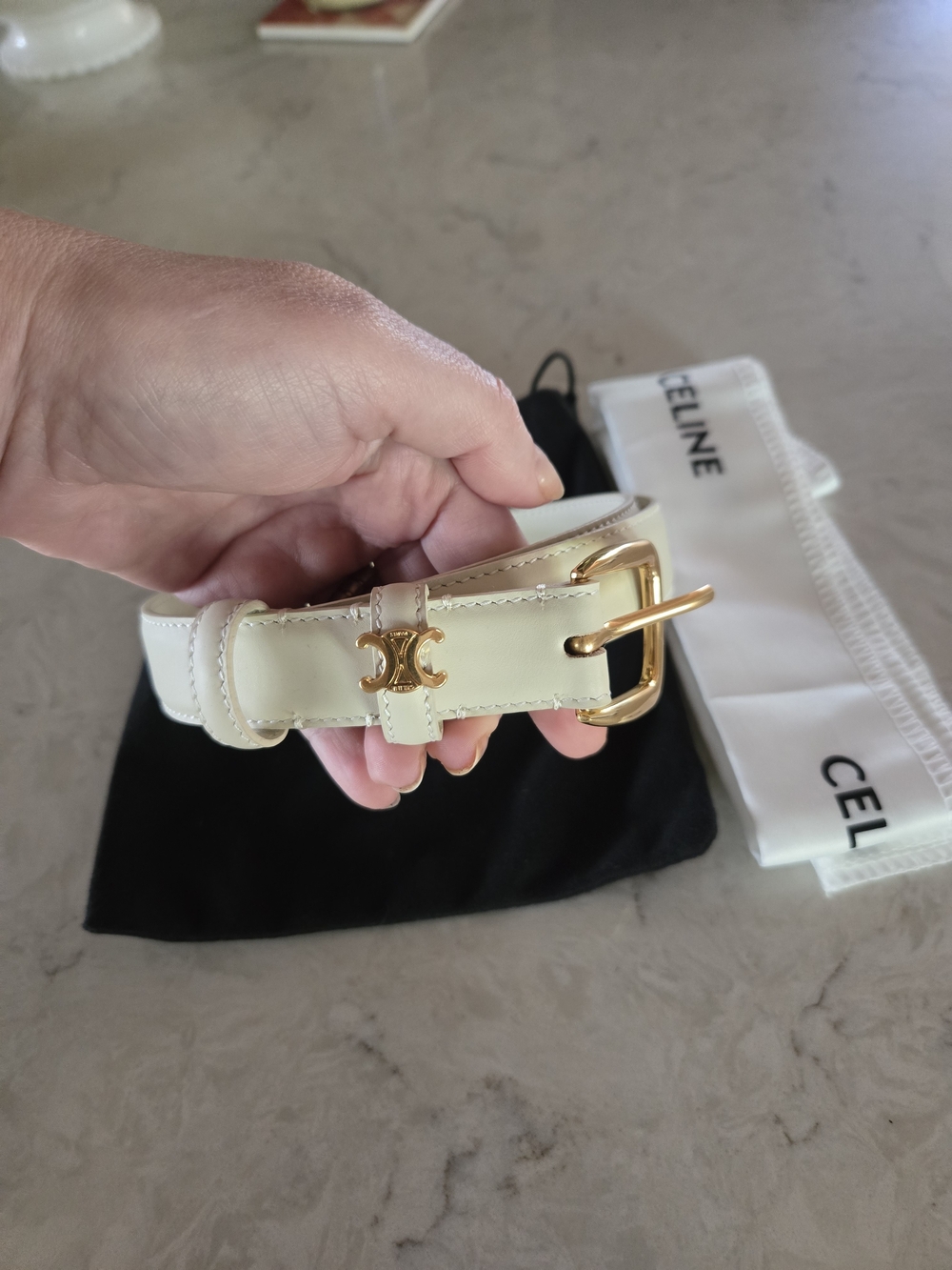 Celine Cream Leather Logo Buckle Belt - Gold Hardware